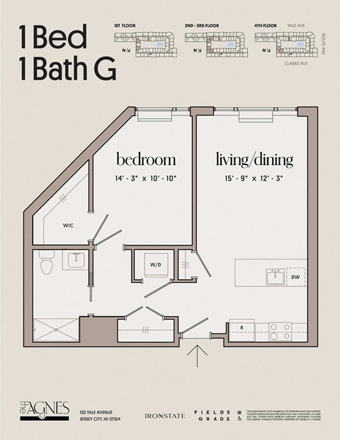 Floor plan for 1 bed, 1 bath, 734 sqft